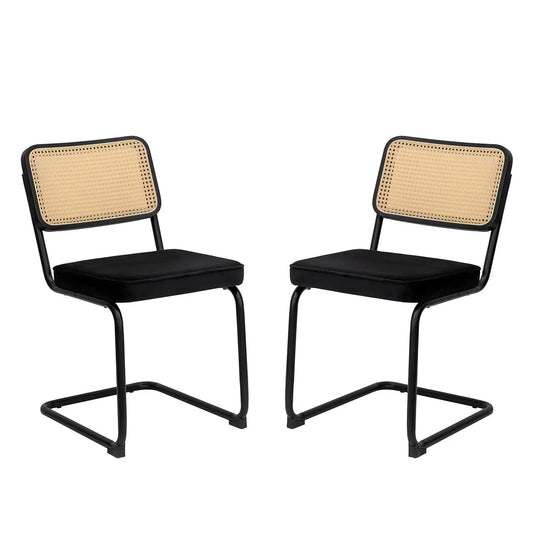 Rattan side accent dining chairs set of 2 with black metal frames, cane backrests and black cushions on Tampa Home & Garden Store