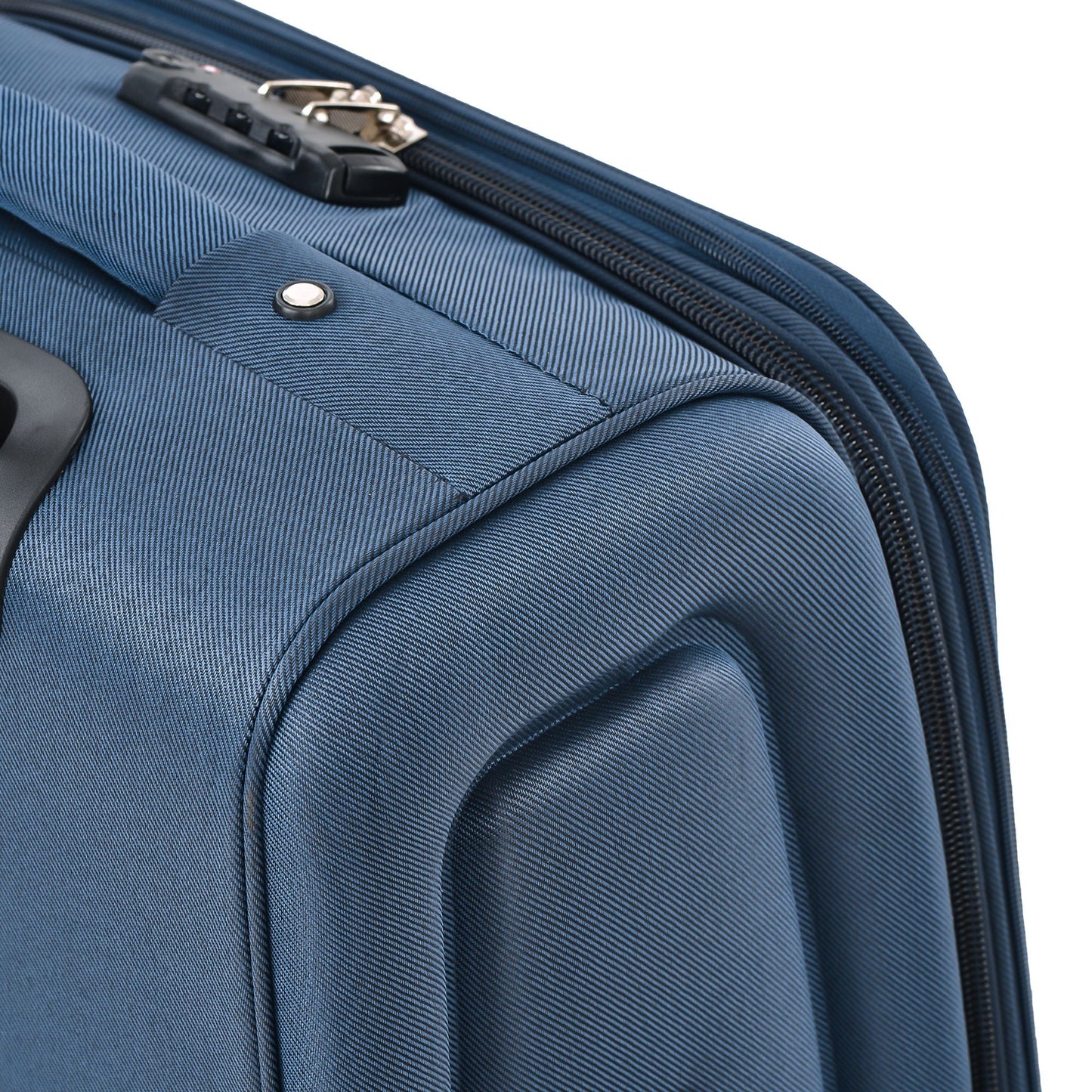 Softside luggage close-up in dark blue fabric with zipper and metal pulls on Tampa Home & Garden Store
