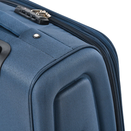 Softside luggage close-up in dark blue fabric with zipper and metal pulls on Tampa Home & Garden Store