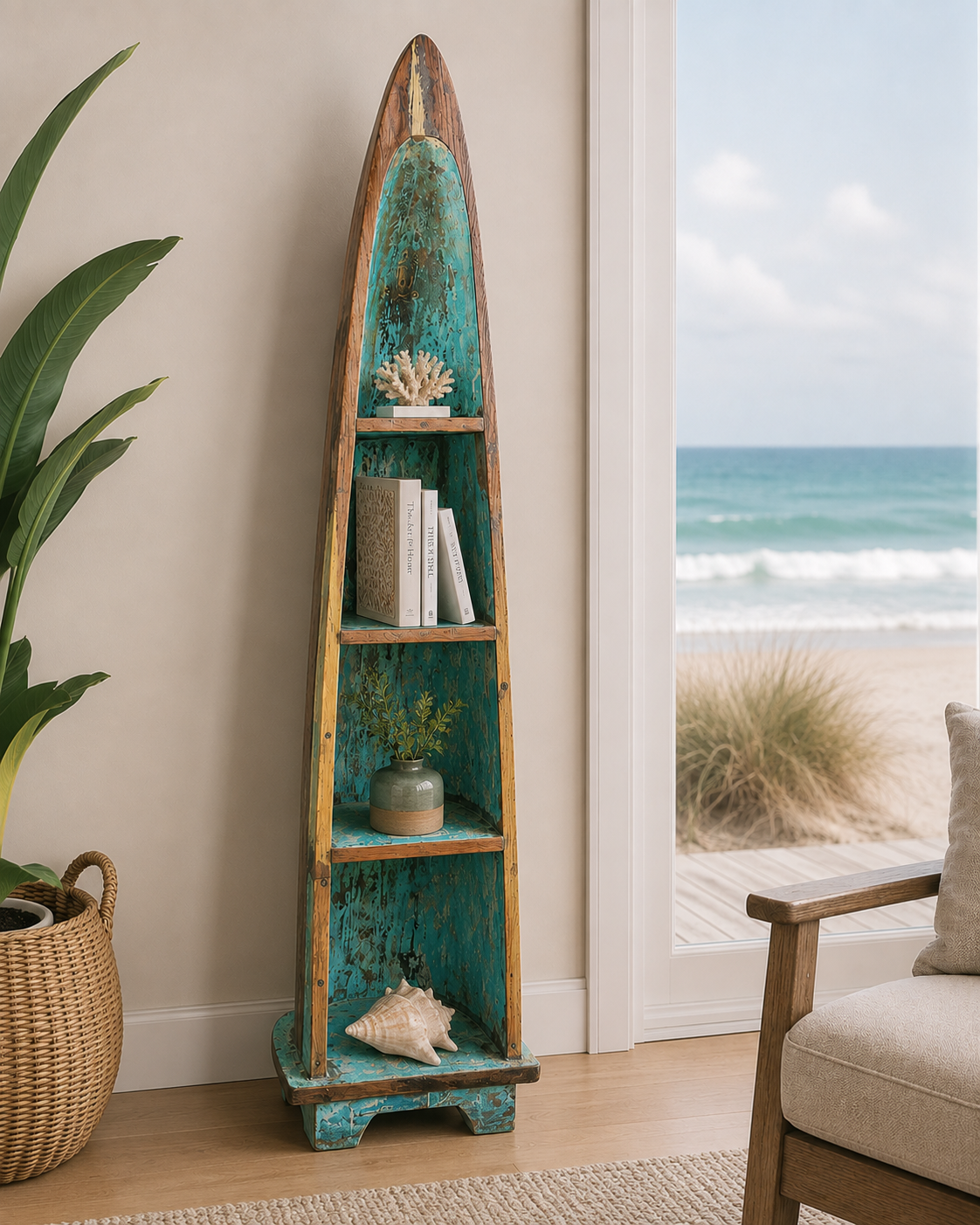 Reclaimed boat wood canoe shelf Bali turquoise interior with three shelves decor Tampa on Tampa Home & Garden Store