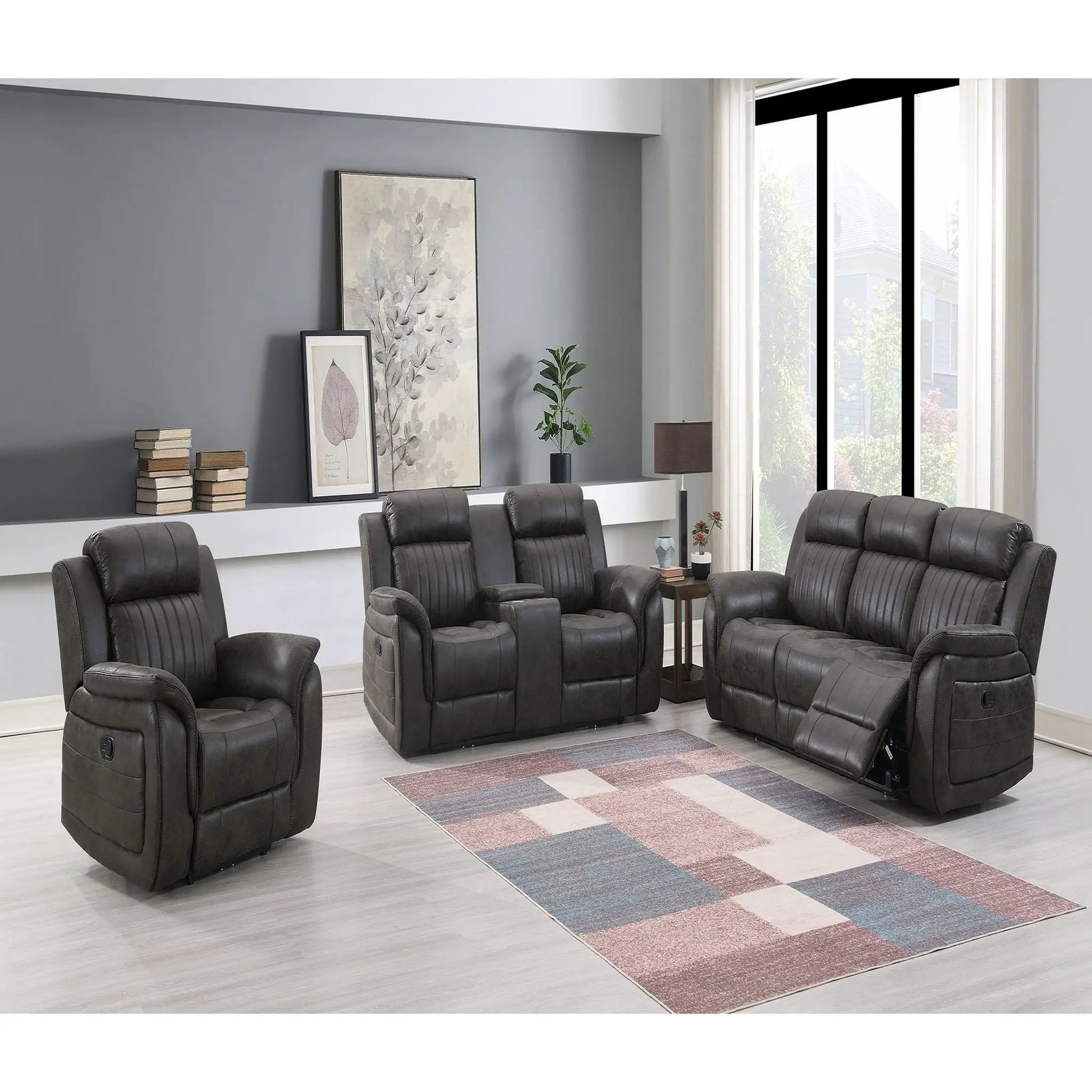 Steban gray glider recliner by Unique Piece Furniture; six dark gray leather chairs in a modern living room with a large window on Tampa Home & Garden Store