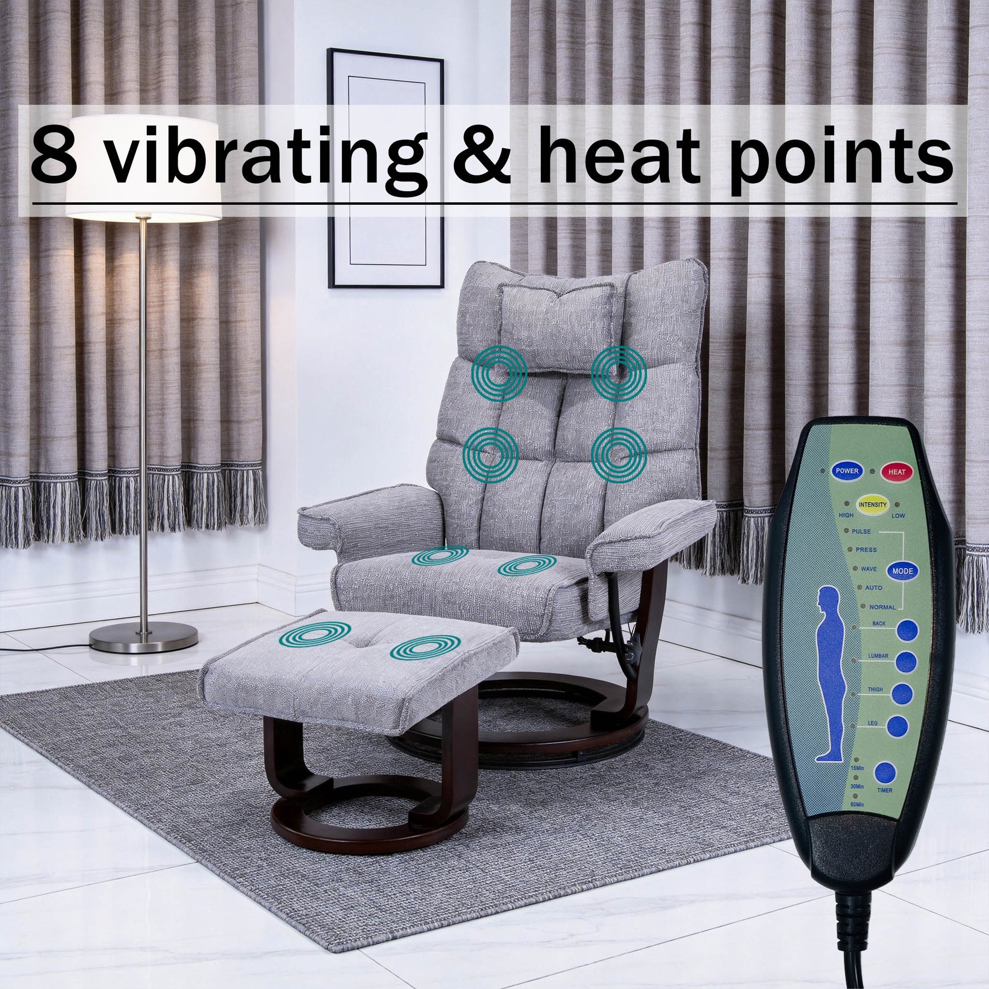 8-Point Massage Recliner with Ottoman, gray fabric, 1 ottoman, by HouseOfZazla; remote nearby on Tampa Home & Garden Store