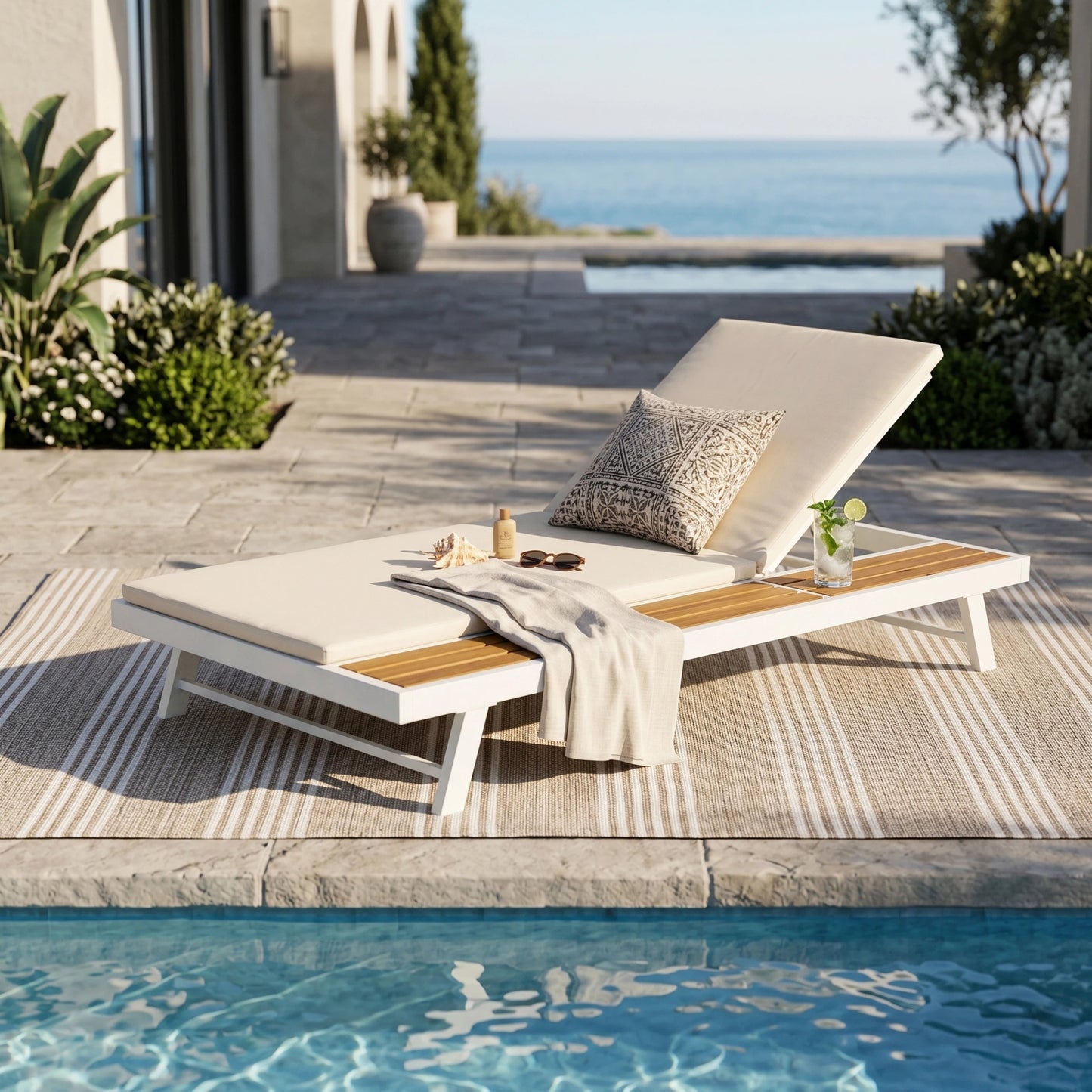 White Iron and Teak Finish Outdoor Lounge Set