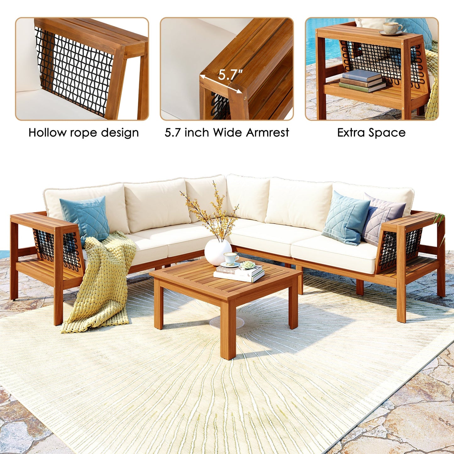 GO 4-Piece Acacia Wood Sofa Set with Coffee Table; cushions, blue pillows, hollow rope panels on Tampa Home & Garden Store