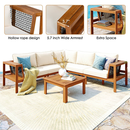GO 4-Piece Acacia Wood Sofa Set with Coffee Table; cushions, blue pillows, hollow rope panels on Tampa Home & Garden Store