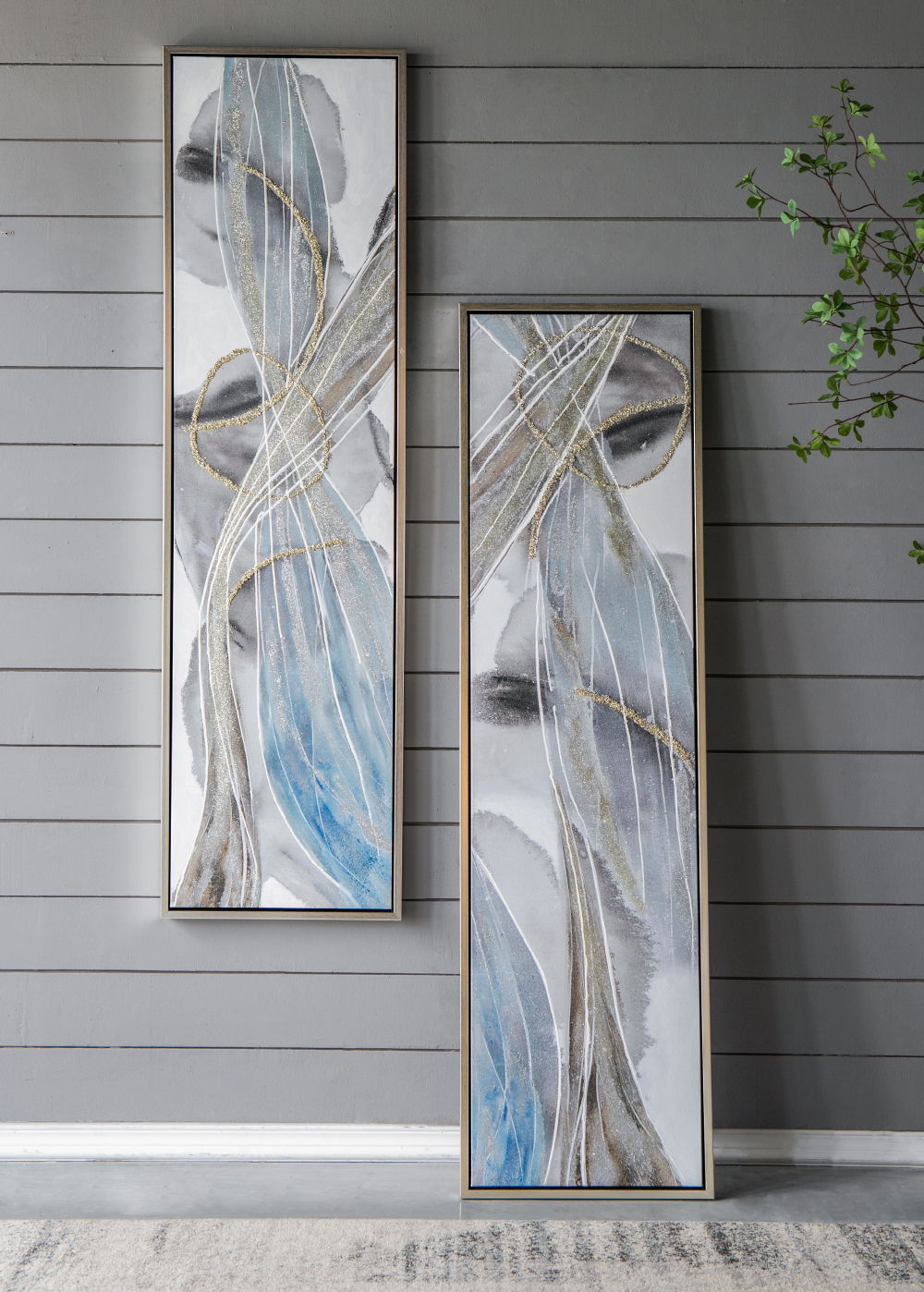 Elongated modern abstract oil paintings set of 2 on canvas, blue gray with gold accents, framed on Tampa Home & Garden Store