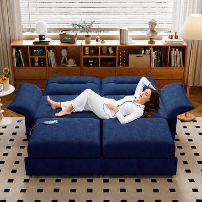 Multi-Functional 85-Inch Convertible Sofa Bed in blue upholstery with a person resting on Tampa Home & Garden Store