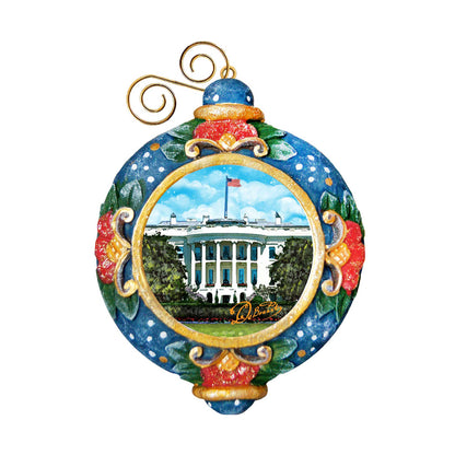 G. DeBrekht White House sculpted hand-painted holiday ornament featuring blue ring and gold trim on Tampa Home & Garden Store