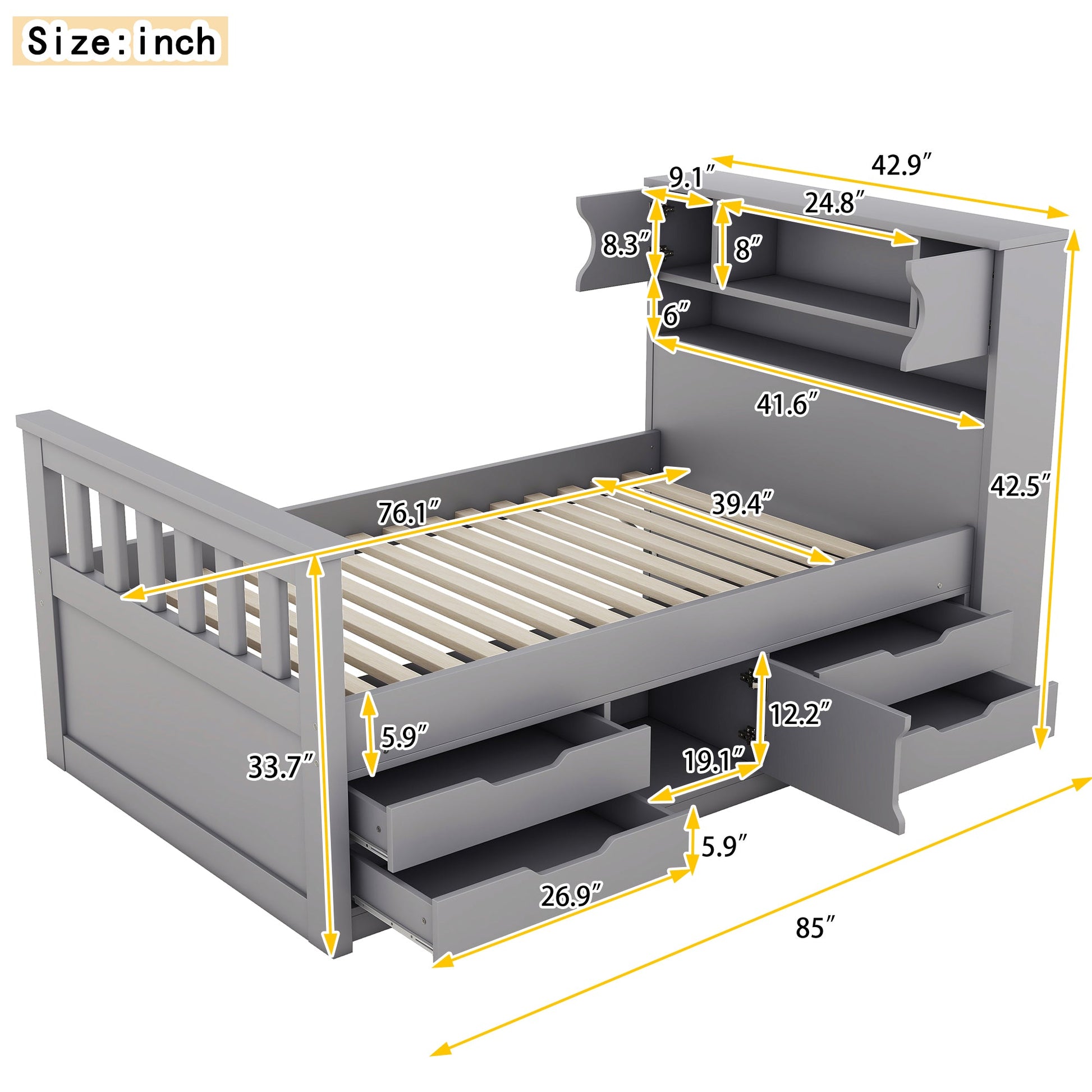 Twin Size Captain Platform Bed Frame with Storage Bookcases and Shelves,Four Drawers, Gray - Tampa Home & Garden Store