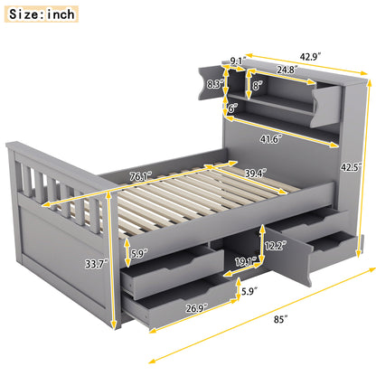 Twin Size Captain Platform Bed Frame with Storage Bookcases and Shelves,Four Drawers, Gray - Tampa Home & Garden Store