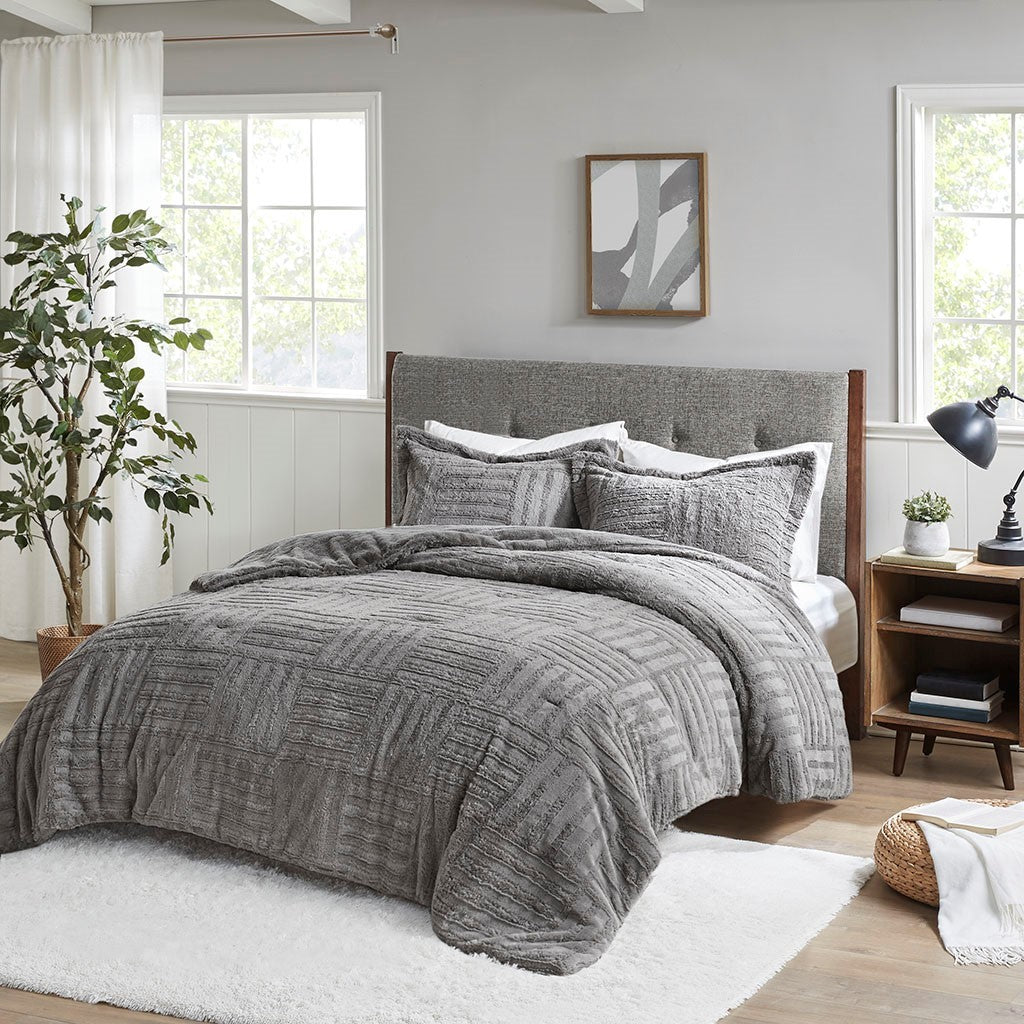 Grey Faux Fur And Down Alternative Comforter Set