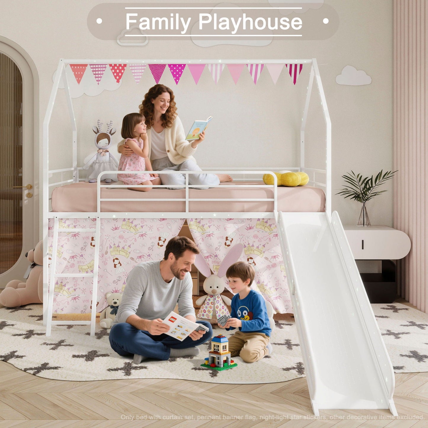 Jack House loft bed with slide and pink curtain set by HouseOfZazla, kids read a book on bed on Tampa Home & Garden Store