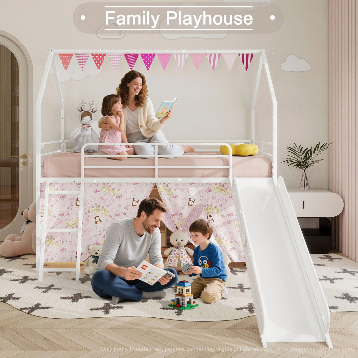 Jack House loft bed with slide and pink curtain set by HouseOfZazla, kids read a book on bed on Tampa Home & Garden Store
