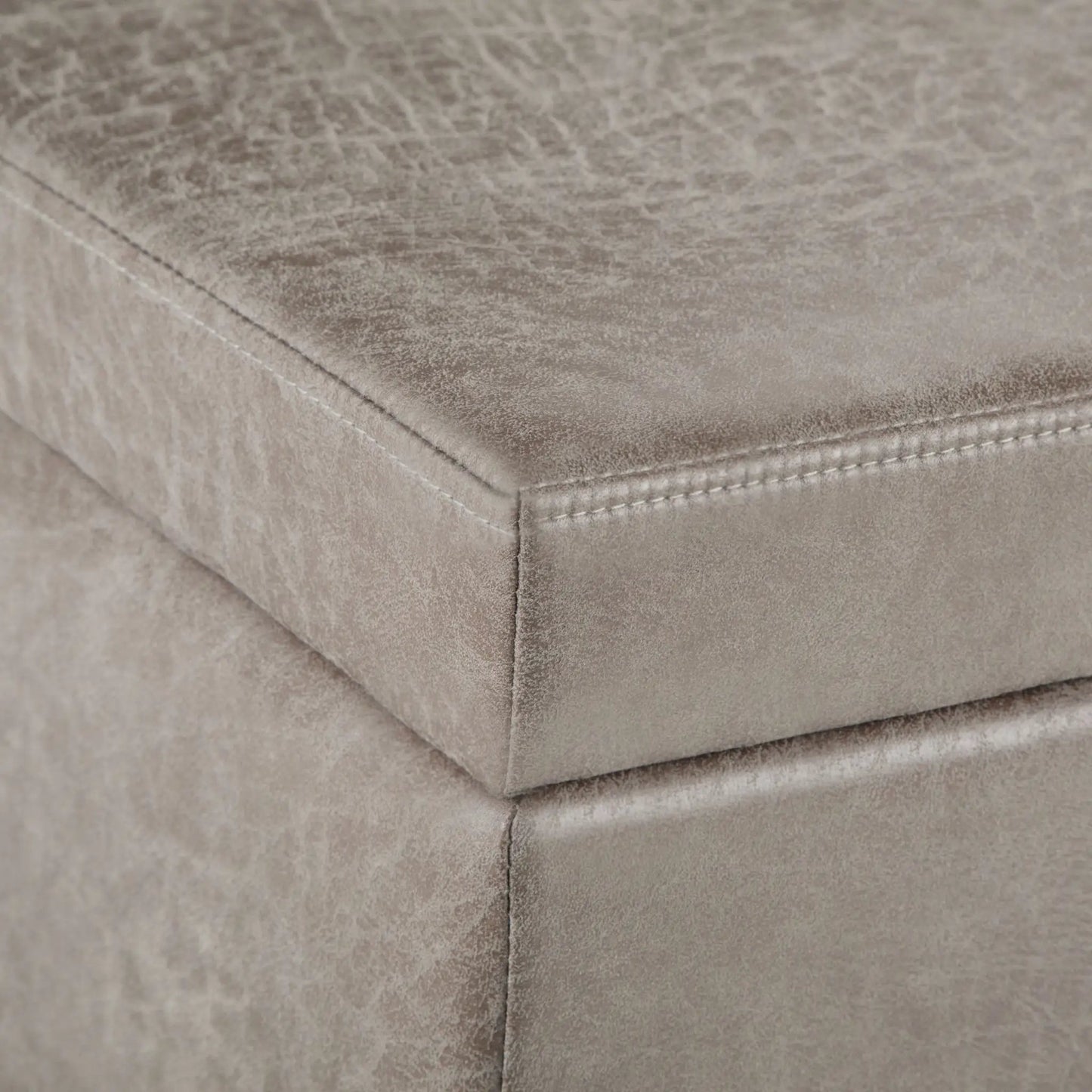 Avalon storage ottoman bench, taupe suede upholstery, stitched seams, Unique Piece Furniture on Tampa Home & Garden Store