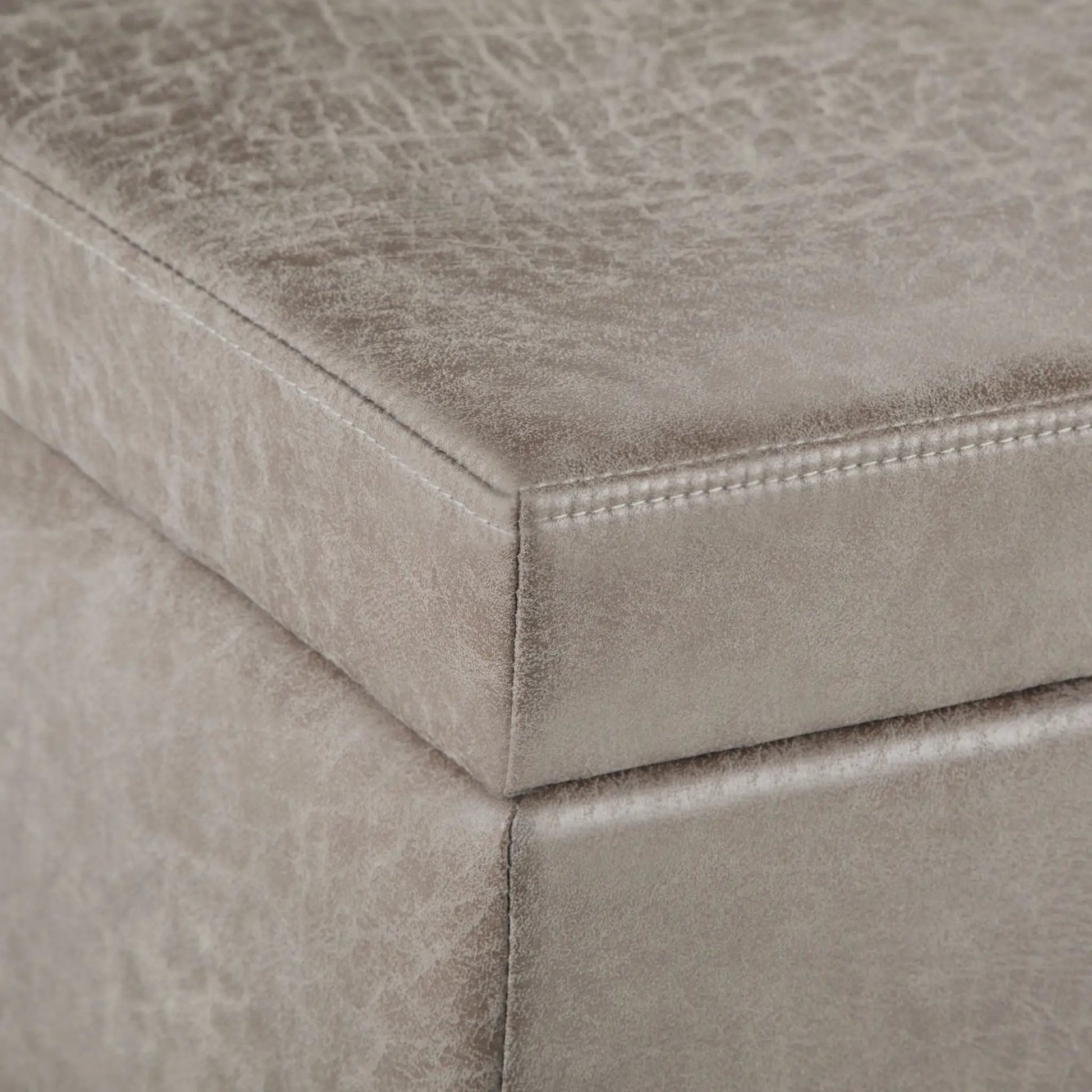 Avalon storage ottoman bench, taupe suede upholstery, stitched seams, Unique Piece Furniture on Tampa Home & Garden Store