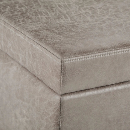 Avalon storage ottoman bench, taupe suede upholstery, stitched seams, Unique Piece Furniture on Tampa Home & Garden Store