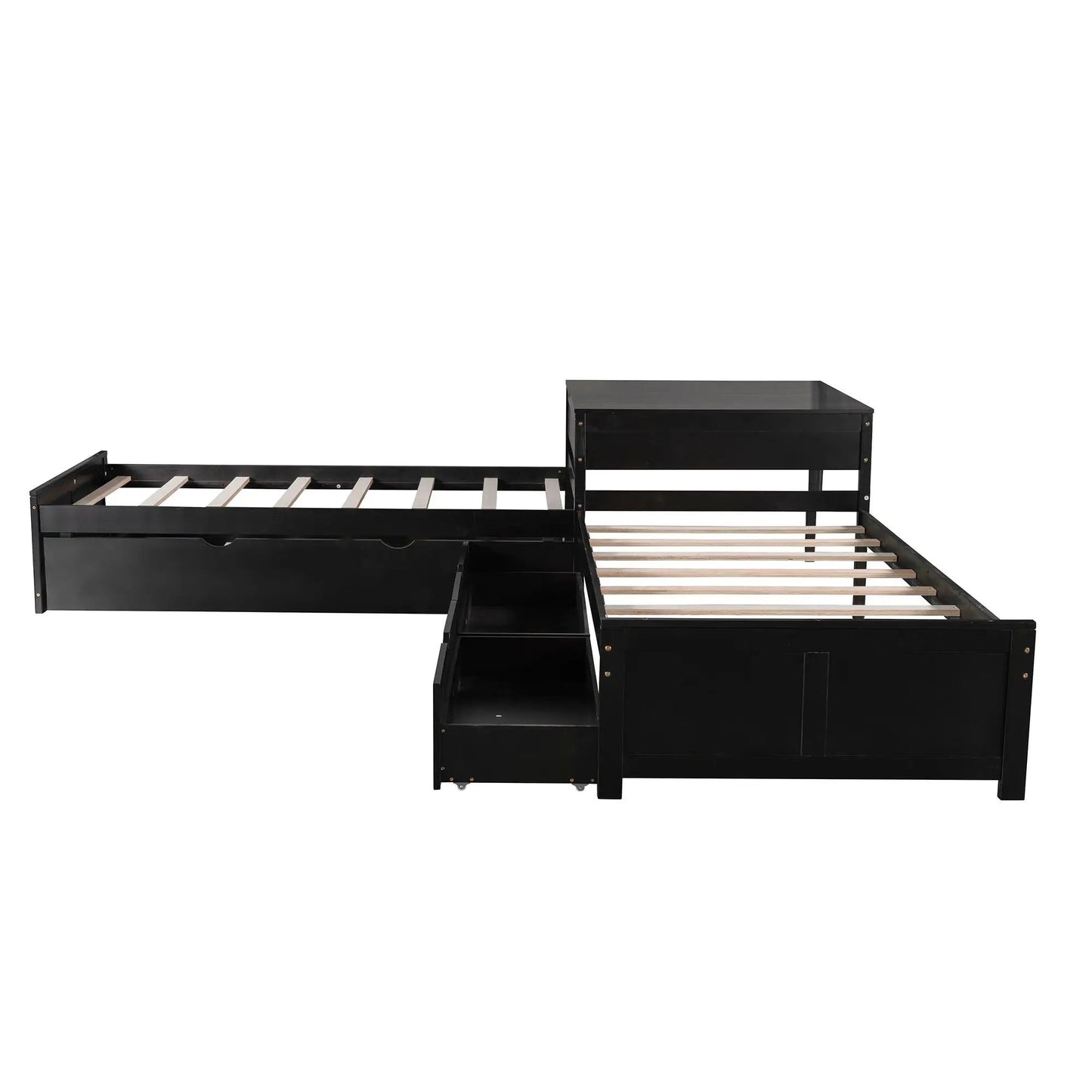 Black wood L-shaped platform bed by Unique Piece Furniture with built-in desk and trundle on Tampa Home & Garden Store