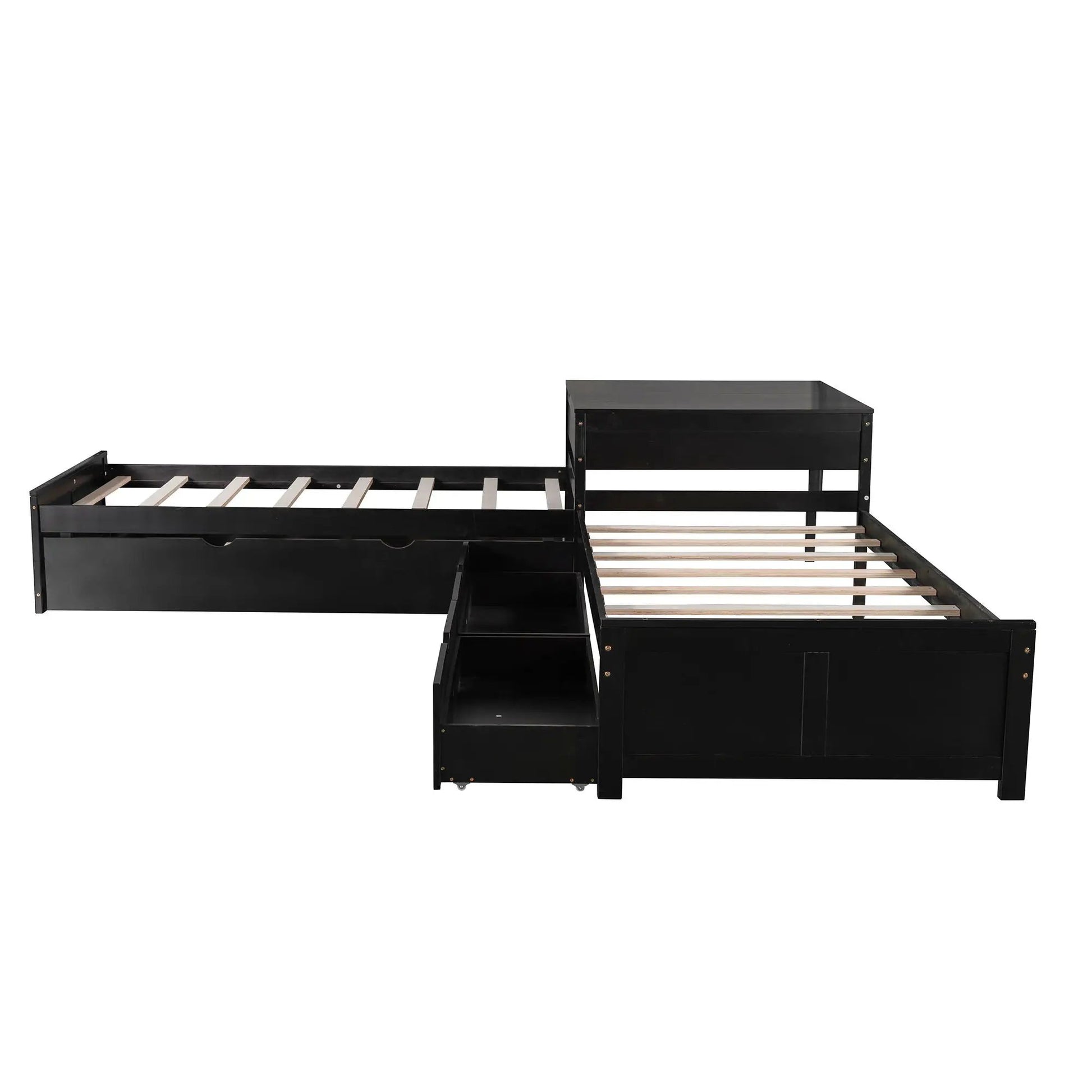 Black wood L-shaped platform bed by Unique Piece Furniture with built-in desk and trundle on Tampa Home & Garden Store