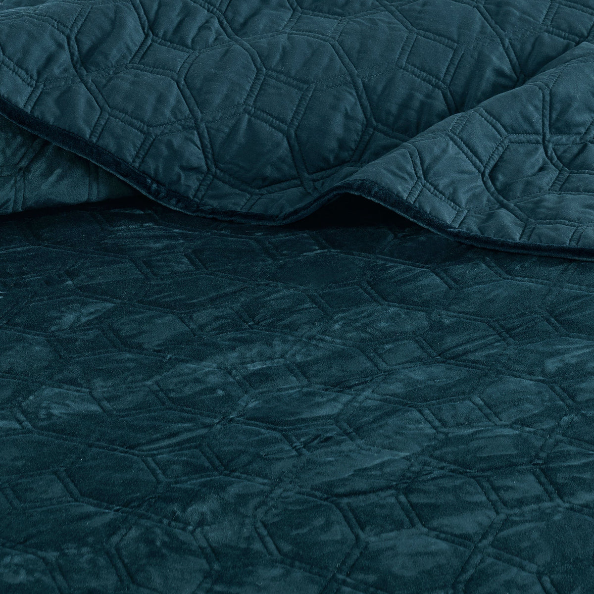 Teal velvet quilt set for King/Cal King with geometric quilting, 3-piece on Tampa Home & Garden Store