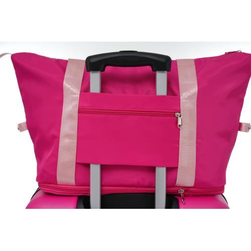 Pink soft-sided luggage bag with retractable handle and beige straps back view on Tampa Home & Garden Store