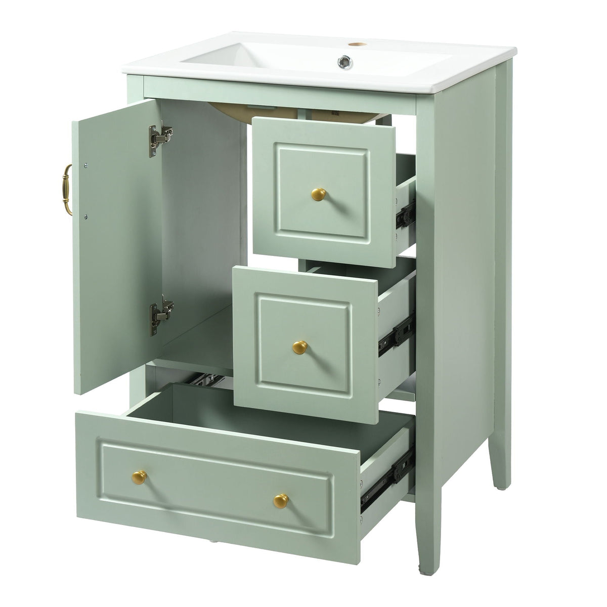 Retro bathroom vanity with ceramic sink, mint green cabinet, brass knobs and soft-closing drawers by HouseOfZazla on Tampa Home & Garden Store