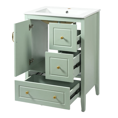 Retro bathroom vanity with ceramic sink, mint green cabinet, brass knobs and soft-closing drawers by HouseOfZazla on Tampa Home & Garden Store