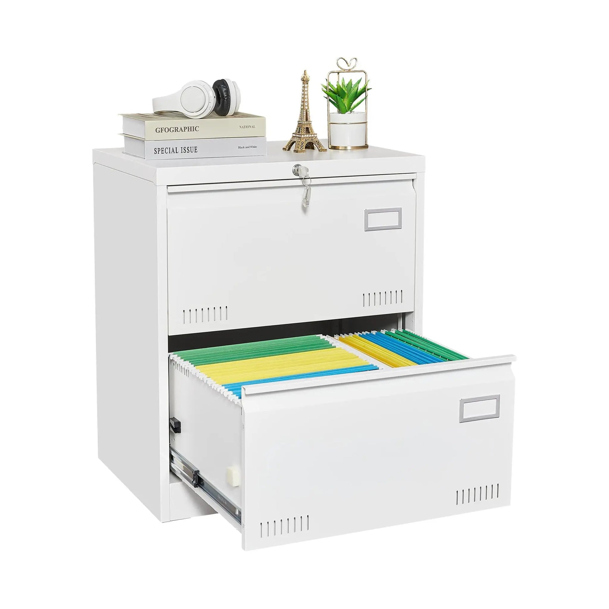 3-drawer white locking filing cabinet, metal office storage for home office with key lock on Tampa Home & Garden Store