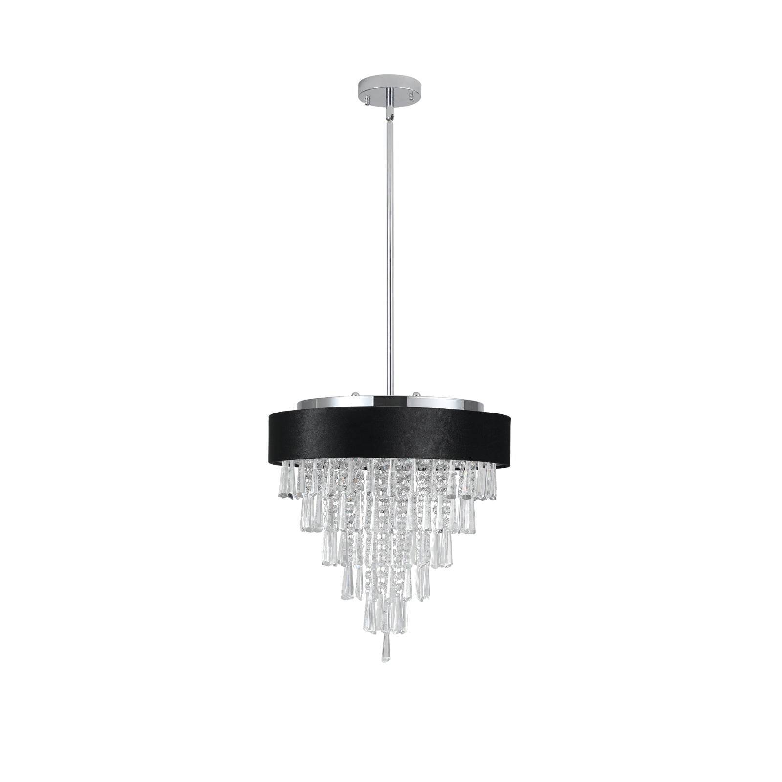 18-inch Modern Crystal Chandelier with Black Velvet Shade chrome rod and crystal prisms on Tampa Home & Garden Store