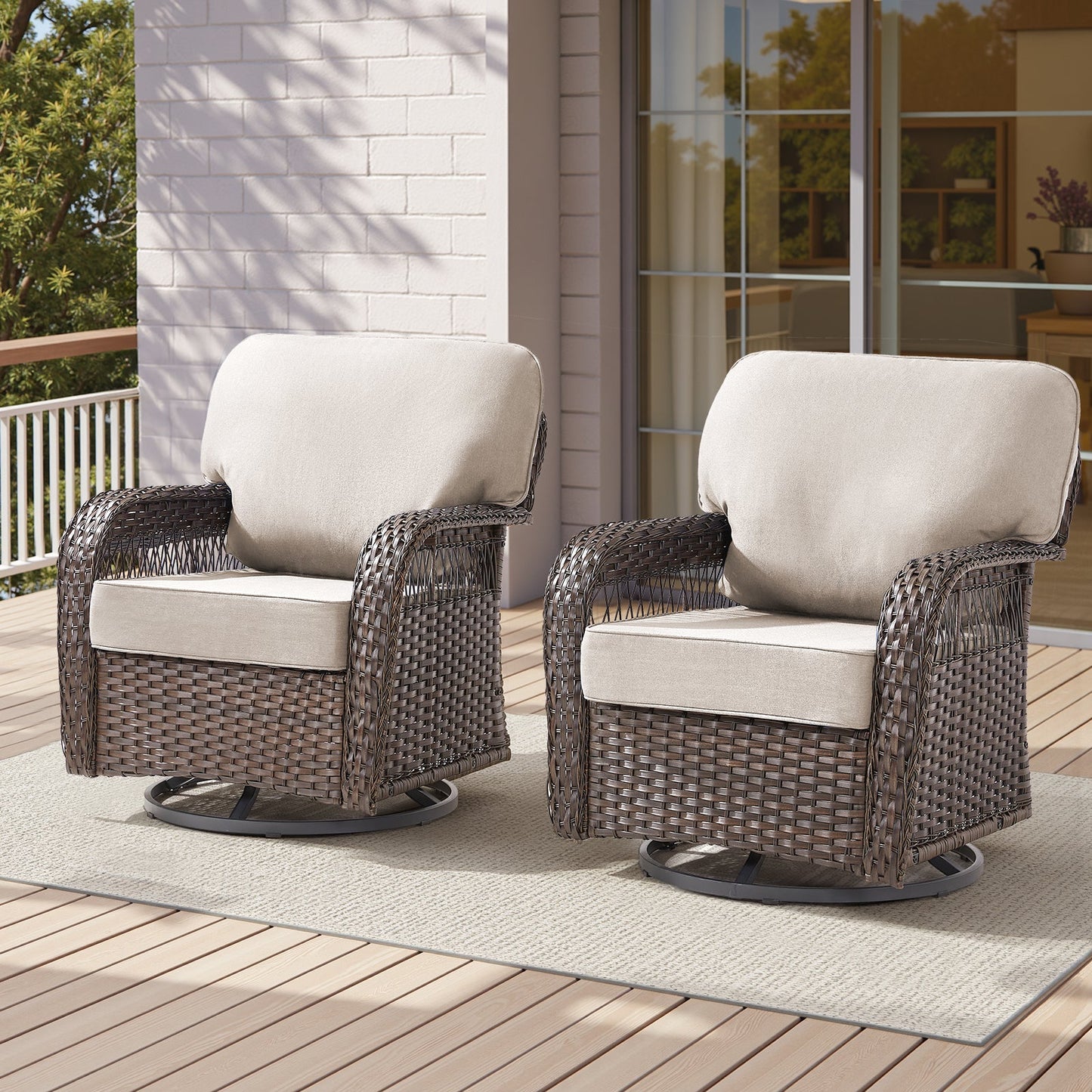 Outdoor glider chairs set of 2 in dark brown wicker with beige cushions, patio seating on Tampa Home & Garden Store