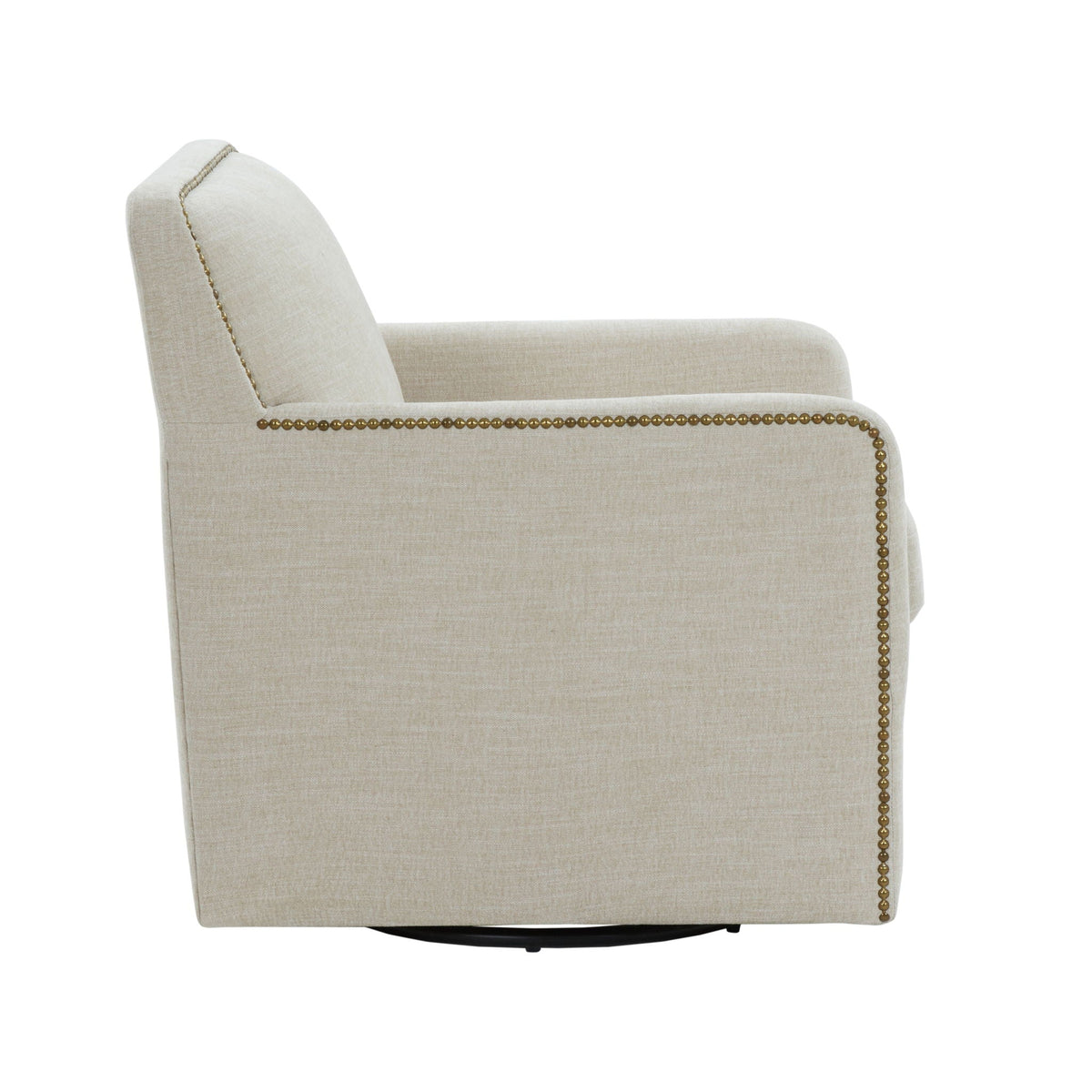 Swivel accent chair in beige linen fabric with antique brass nailhead trim on Tampa Home & Garden Store