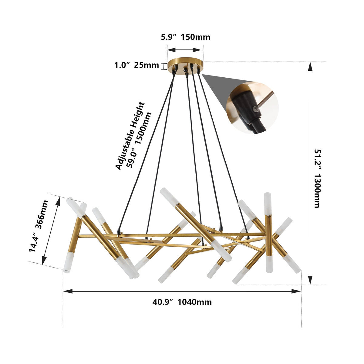 Chandelier 41in golden branch design with brass frame, black cords, white holders HouseOfZazla on Tampa Home & Garden Store