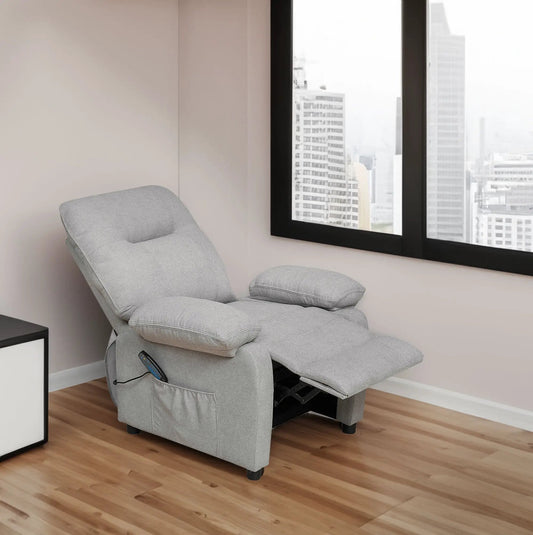 Recliner chair with massage and heater in light gray fabric, side control panel on Tampa Home & Garden Store