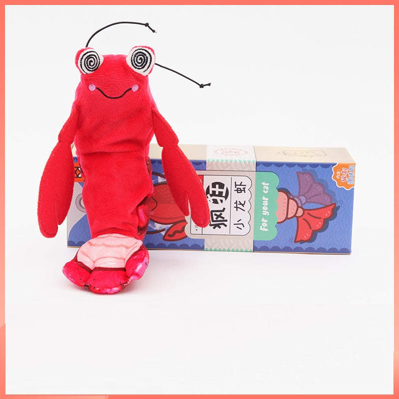 Intelligent Start Stop Cat Toy plush red crab with spiral eyes and antennae beside branded box on Tampa Home & Garden Store