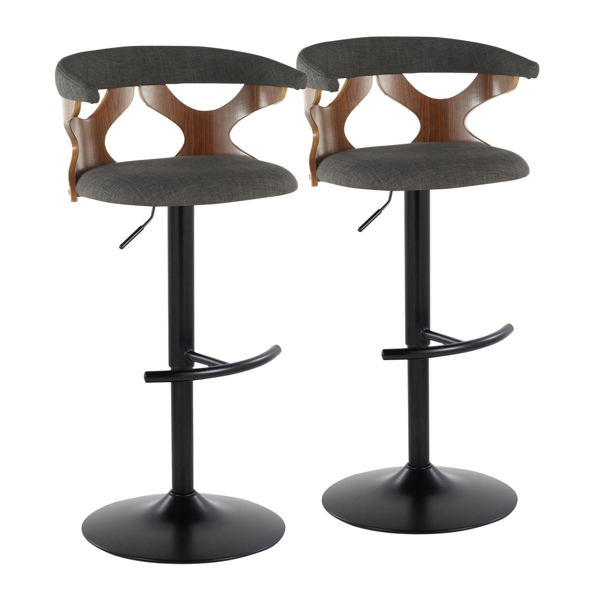 Contemporary adjustable barstools set of 2 with swivel, gray fabric seats and curved wood backs on Tampa Home & Garden Store