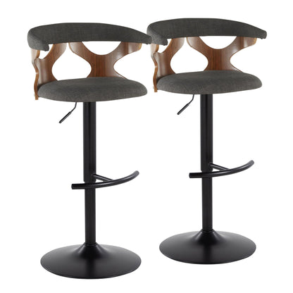 Contemporary adjustable barstools set of 2 with swivel, gray fabric seats and curved wood backs on Tampa Home & Garden Store