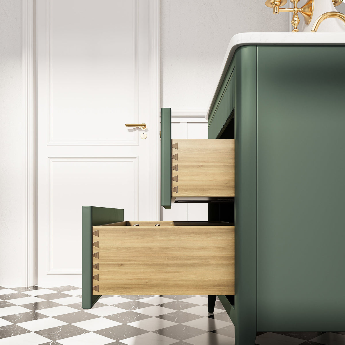 36 Inch solid wood bathroom vanity in grey-green with wood drawers and white marble top on Tampa Home & Garden Store