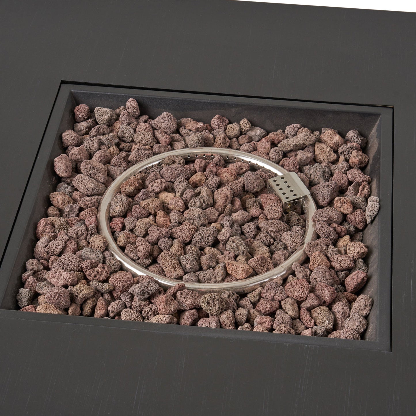 39in square iron fire pit with lava rocks and perforated burner ring on Tampa Home & Garden Store