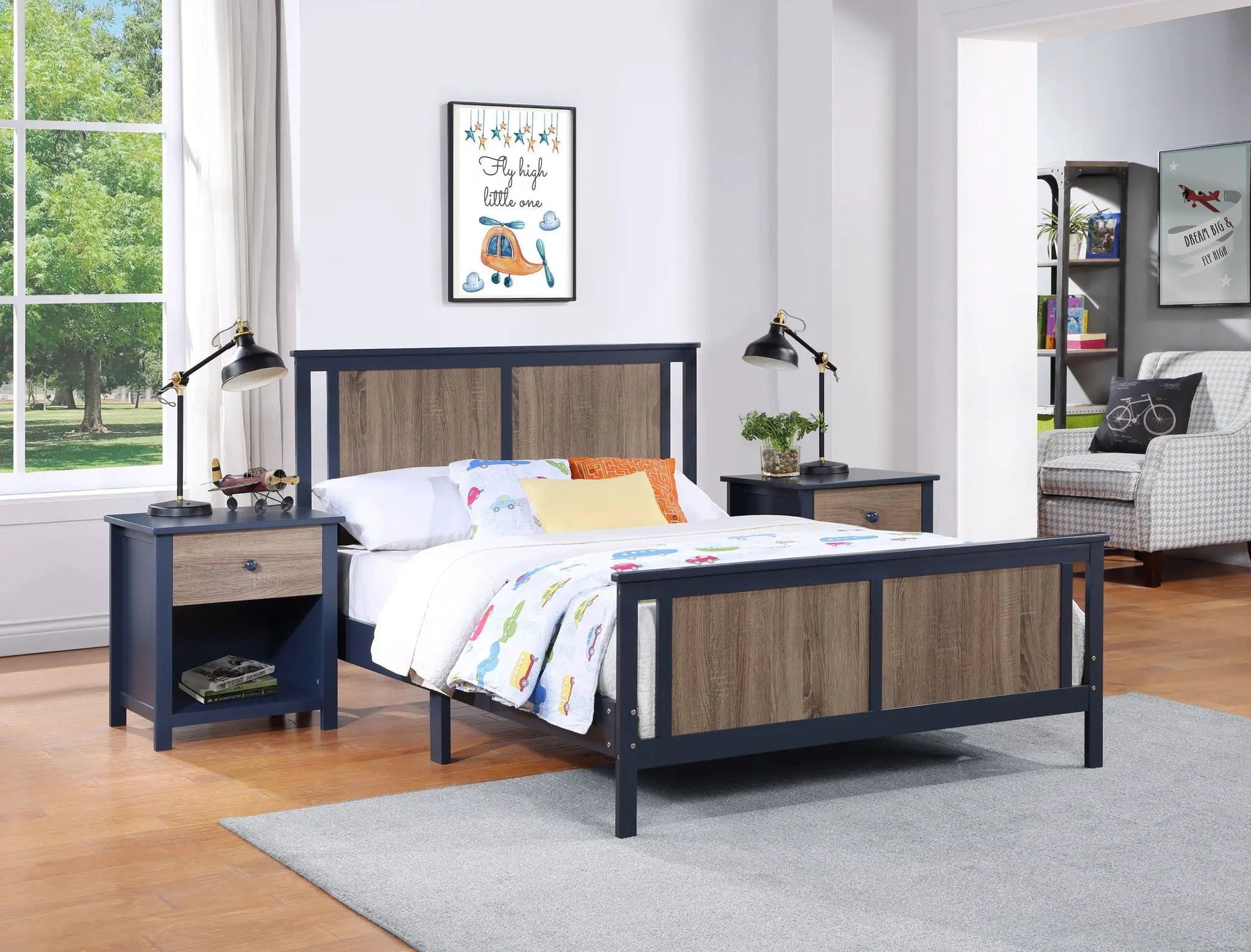 Connelly panel bed by Unique Piece Furniture in navy frame with natural wood panels on Tampa Home & Garden Store