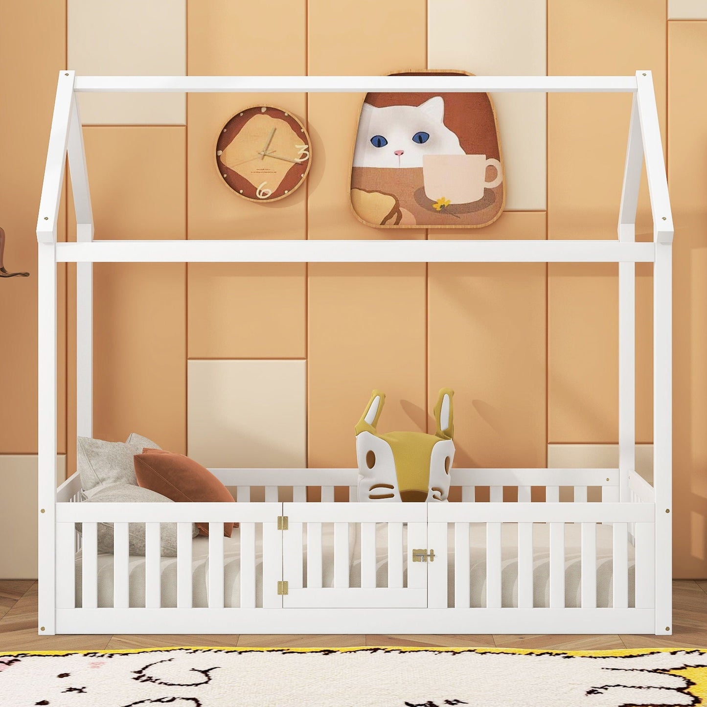 Wood House Bed With Fence And Door white kid's platform bed frame with guard rails on Tampa Home & Garden Store