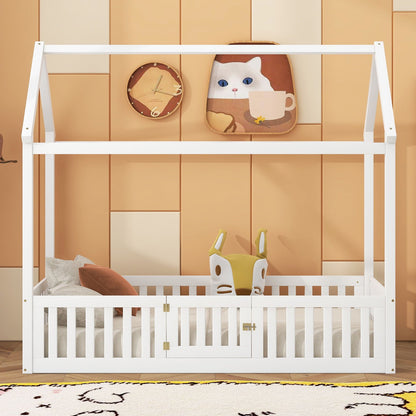 Wood House Bed With Fence And Door white kid's platform bed frame with guard rails on Tampa Home & Garden Store