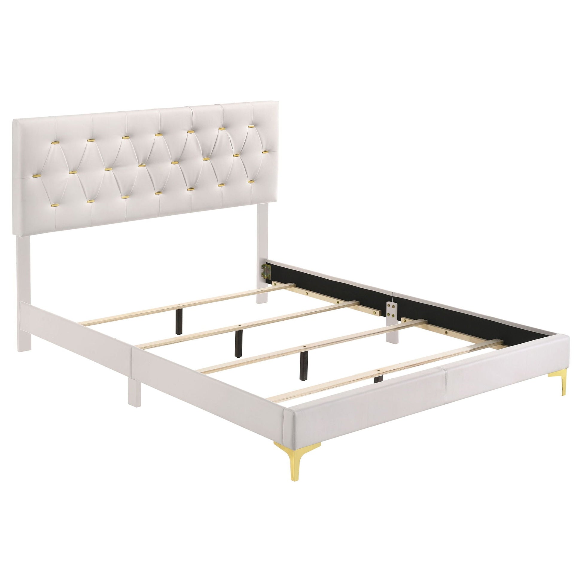 James panel bed headboard in light gray tufted upholstery with gold accents by HouseOfZazla on Tampa Home & Garden Store
