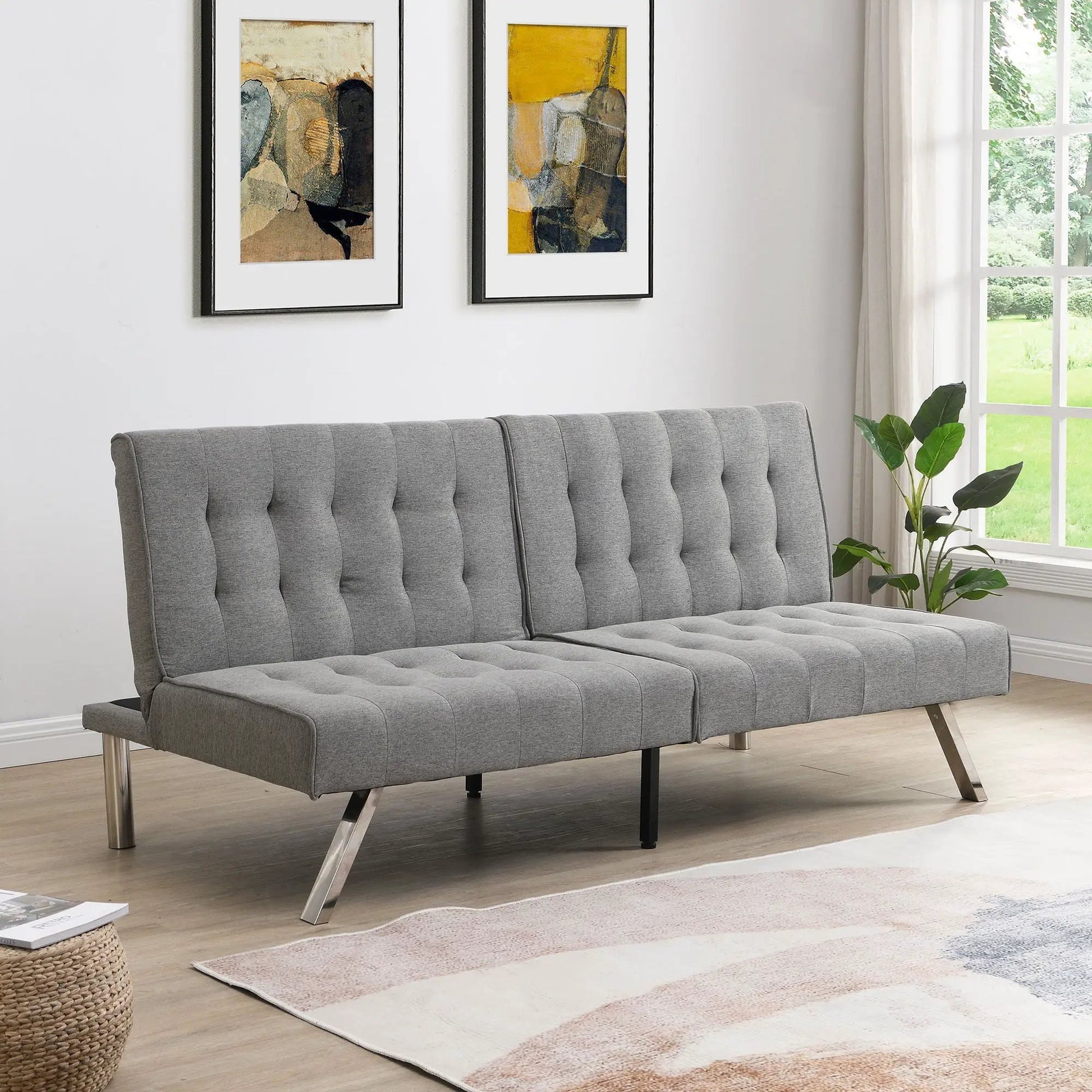 Futon Sofa Bed in grey tufted upholstery with metal legs by Unique Piece Furniture on Tampa Home & Garden Store