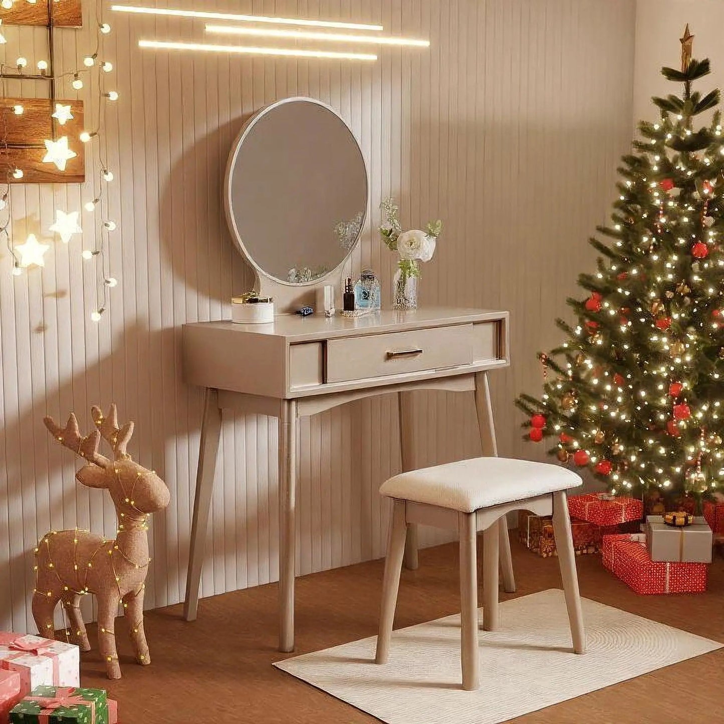Maly Contemporary Wood Vanity and Stool Set Gold with round mirror and two drawers on Tampa Home & Garden Store