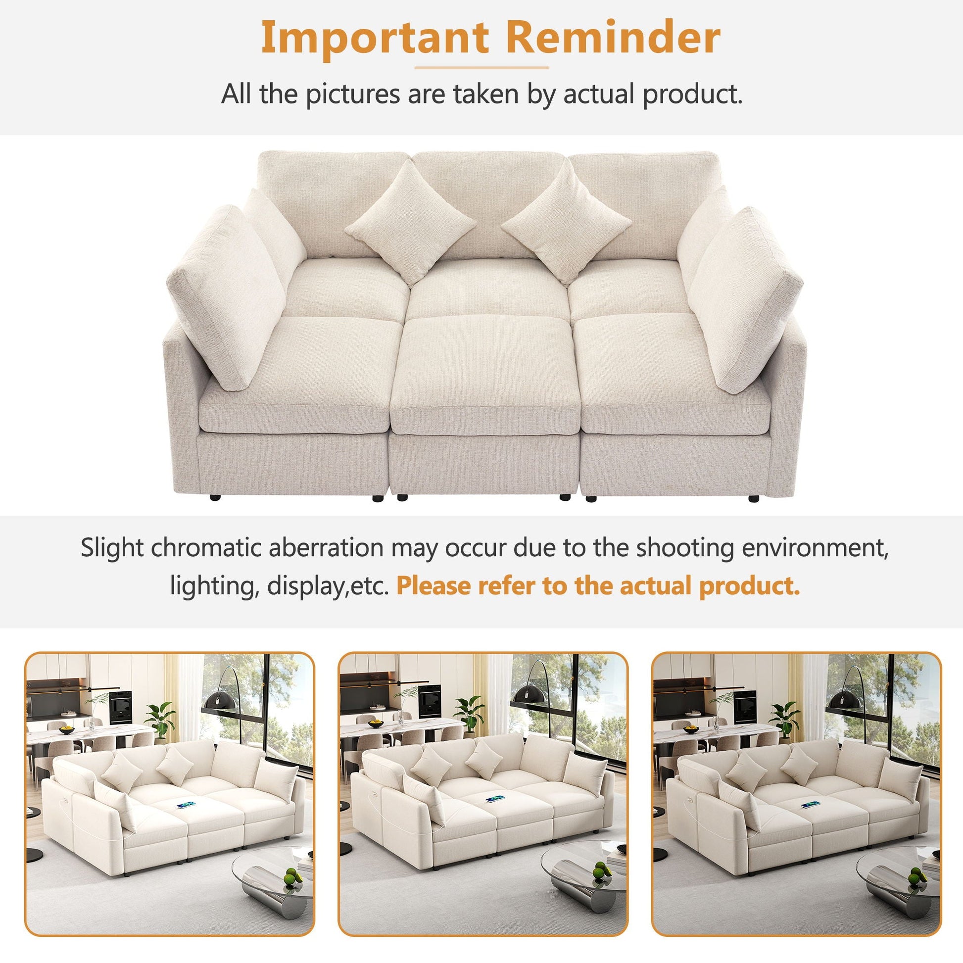 Sectional sofa beige with ottoman and USB ports, HouseOfZazla 2pc set on Tampa Home & Garden Store