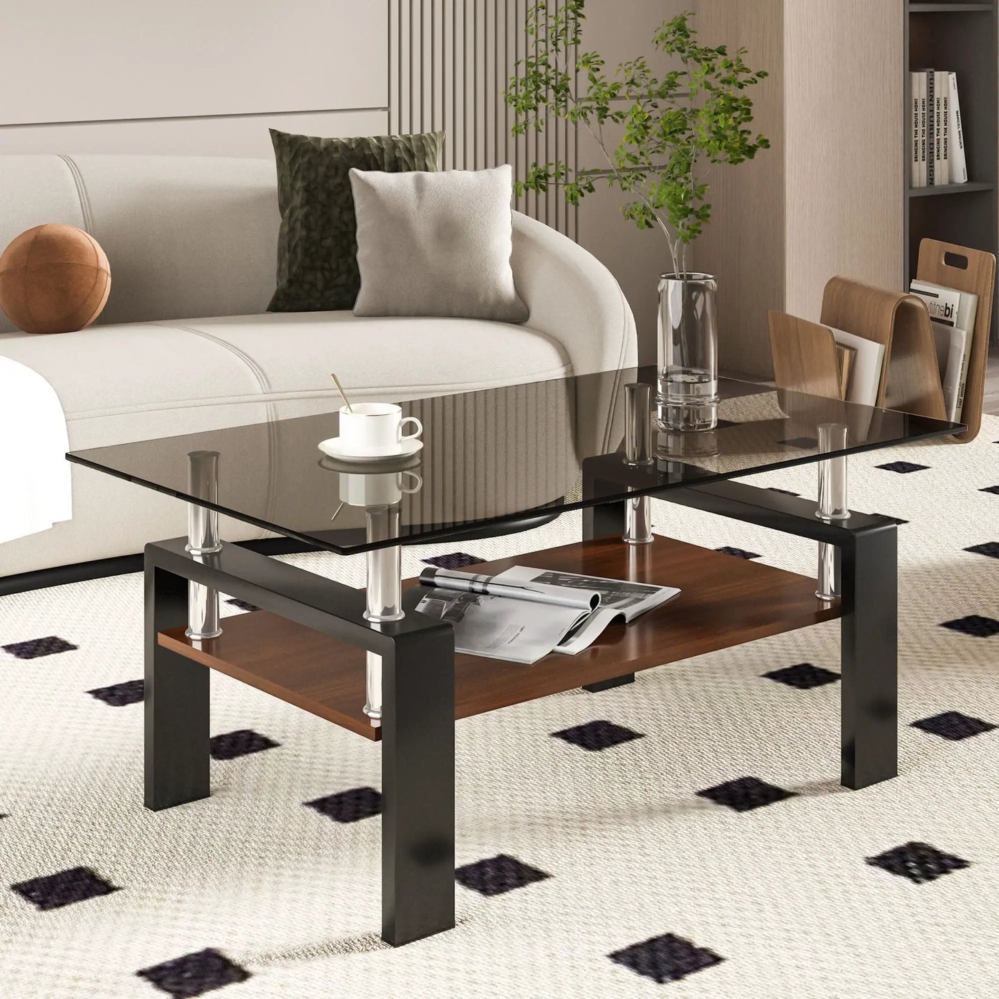 Rectangular Coffee Table With Tempered Glass Top