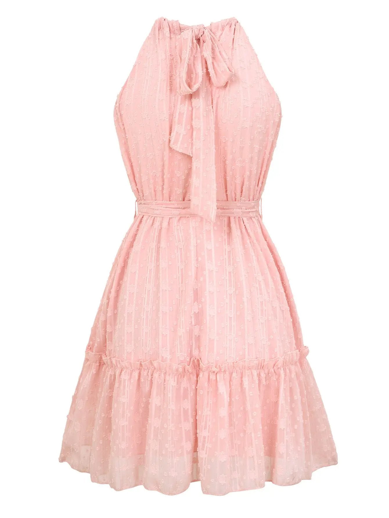 pink solid halterneck lace dress with tie waist and dotted texture by FLIPSTYLEZLLC on Tampa Home & Garden Store
