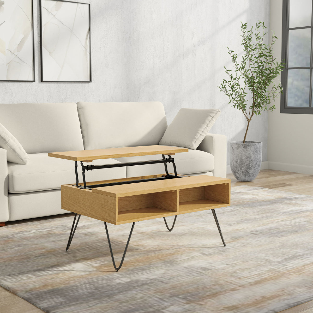Lift Top Oak Coffee Table with Hidden Storage by HouseOfZazla, oak and metal legs on Tampa Home & Garden Store
