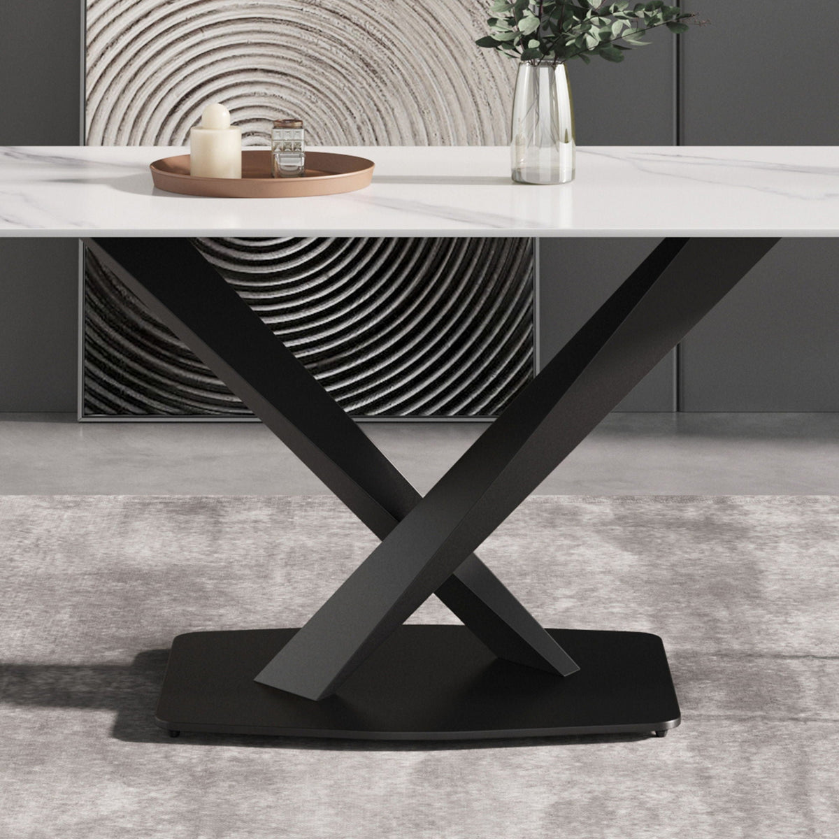 Modern artificial stone dining table with black metal X-leg base and white top on Tampa Home & Garden Store