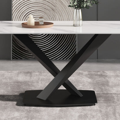 Modern artificial stone dining table with black metal X-leg base and white top on Tampa Home & Garden Store
