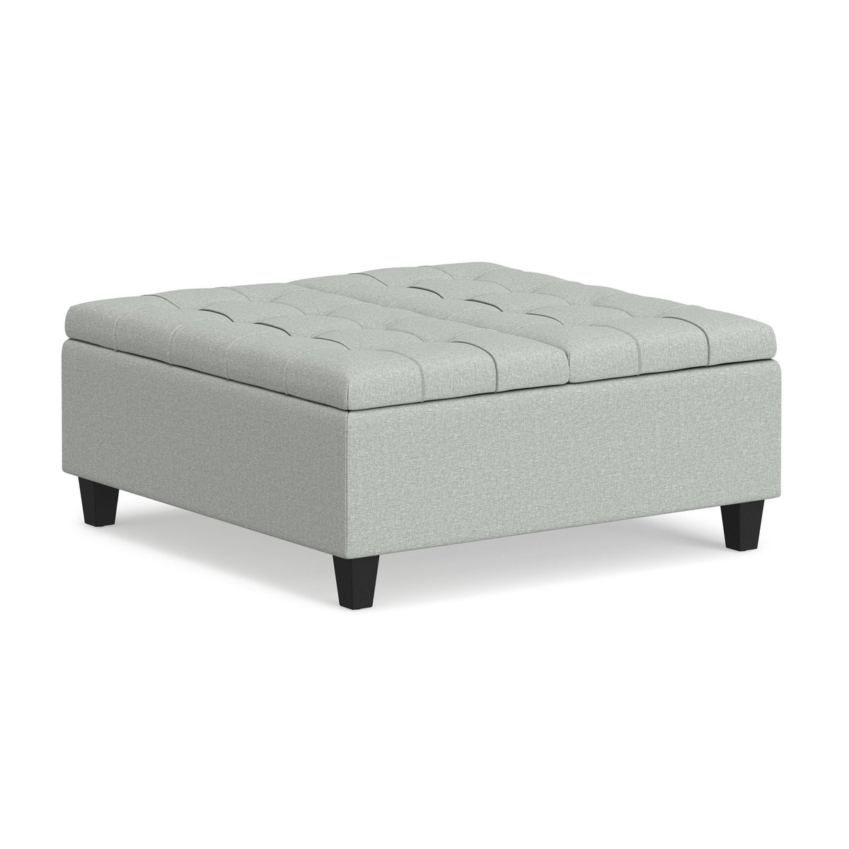 Stone gray storage ottoman coffee table with lift-top lid, tufted fabric, black legs on Tampa Home & Garden Store